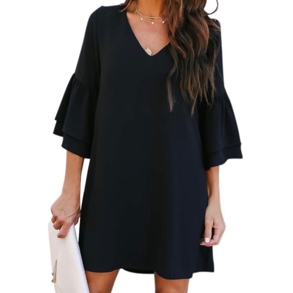 NEW Black Flowy Spring Wedding Formal Office Bohemian Cocktail Dress Medium - Picture 3 of 17